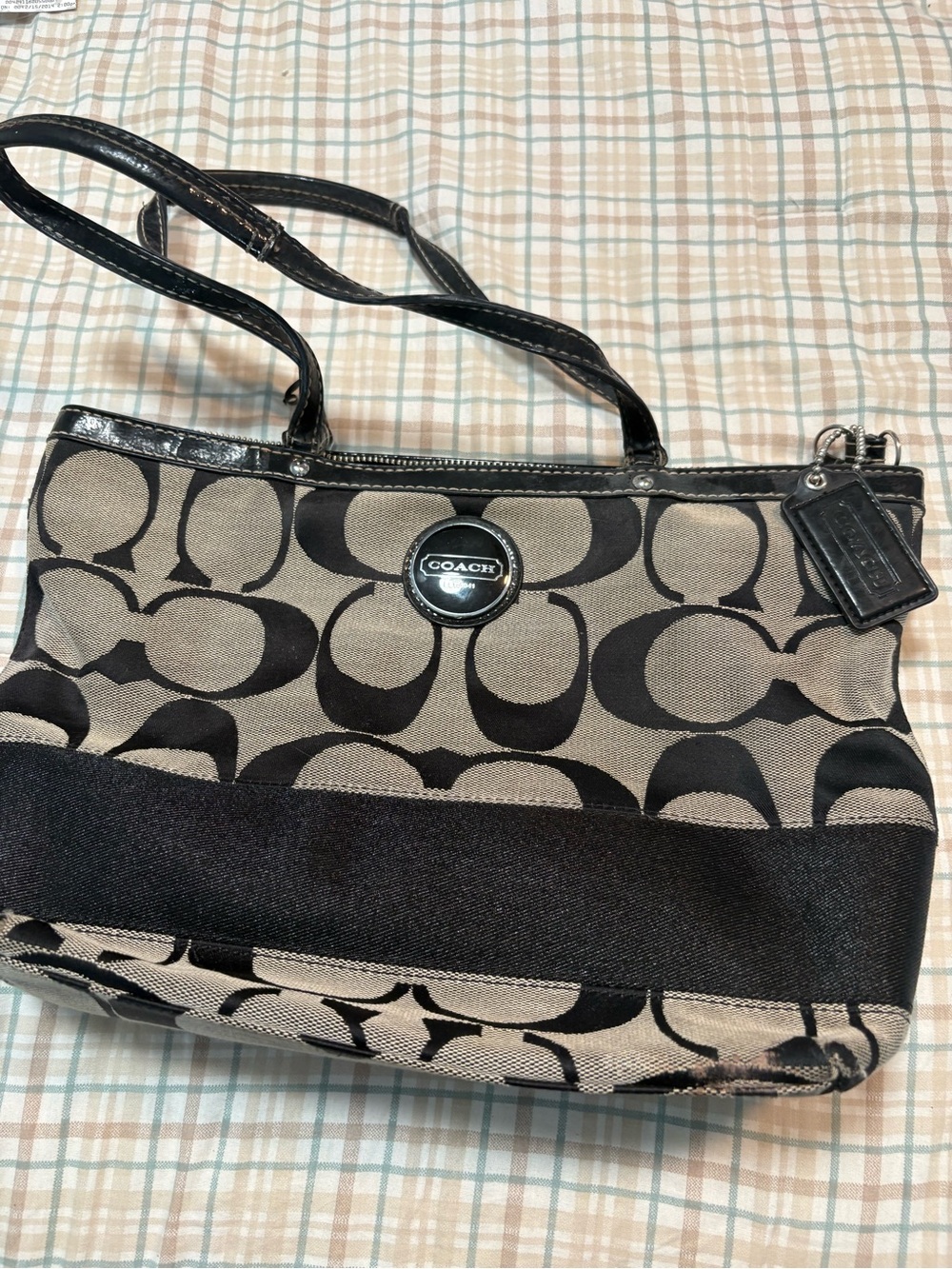 Coach F17433 Signature Canvas Shoulder Tote Bag Black Tan Monogram Purse